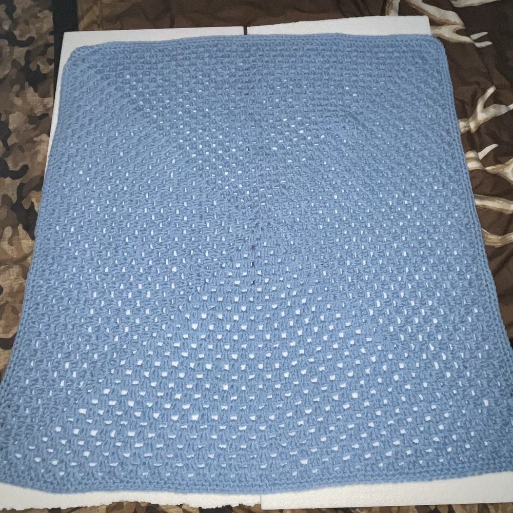 Handmade Crochet Baby Blanket Blue Granny Square Keepsake Afghan 33"x30"